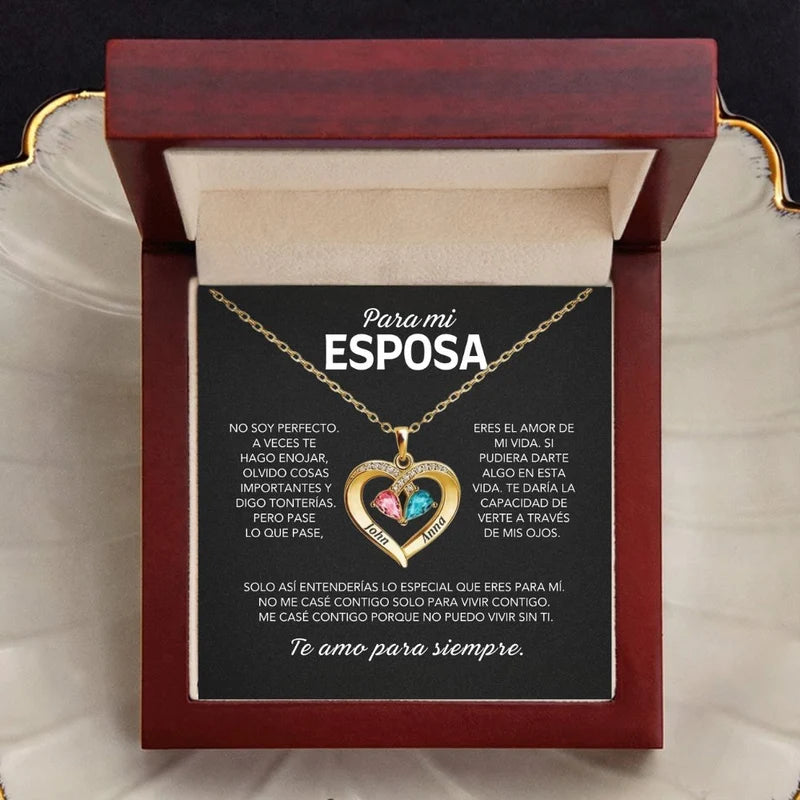 Para mi Esposa – Collar de Corazón Personalizable con Piedra de Nacimiento