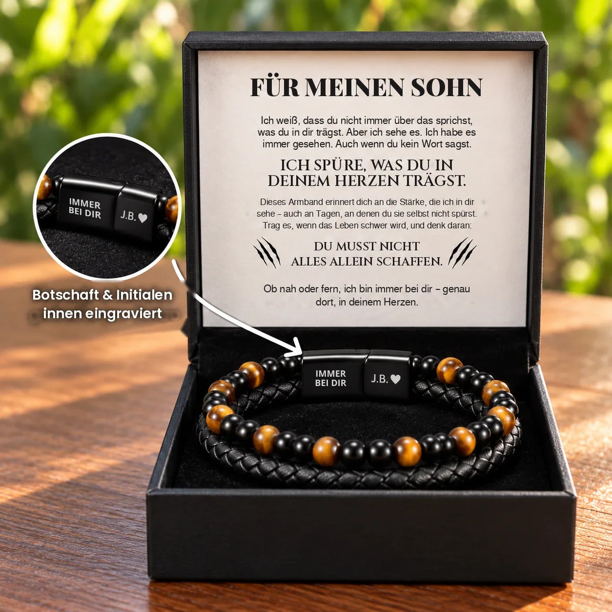 Graviertes Tigerauge-Armband für meinen Sohn in Geschenkbox