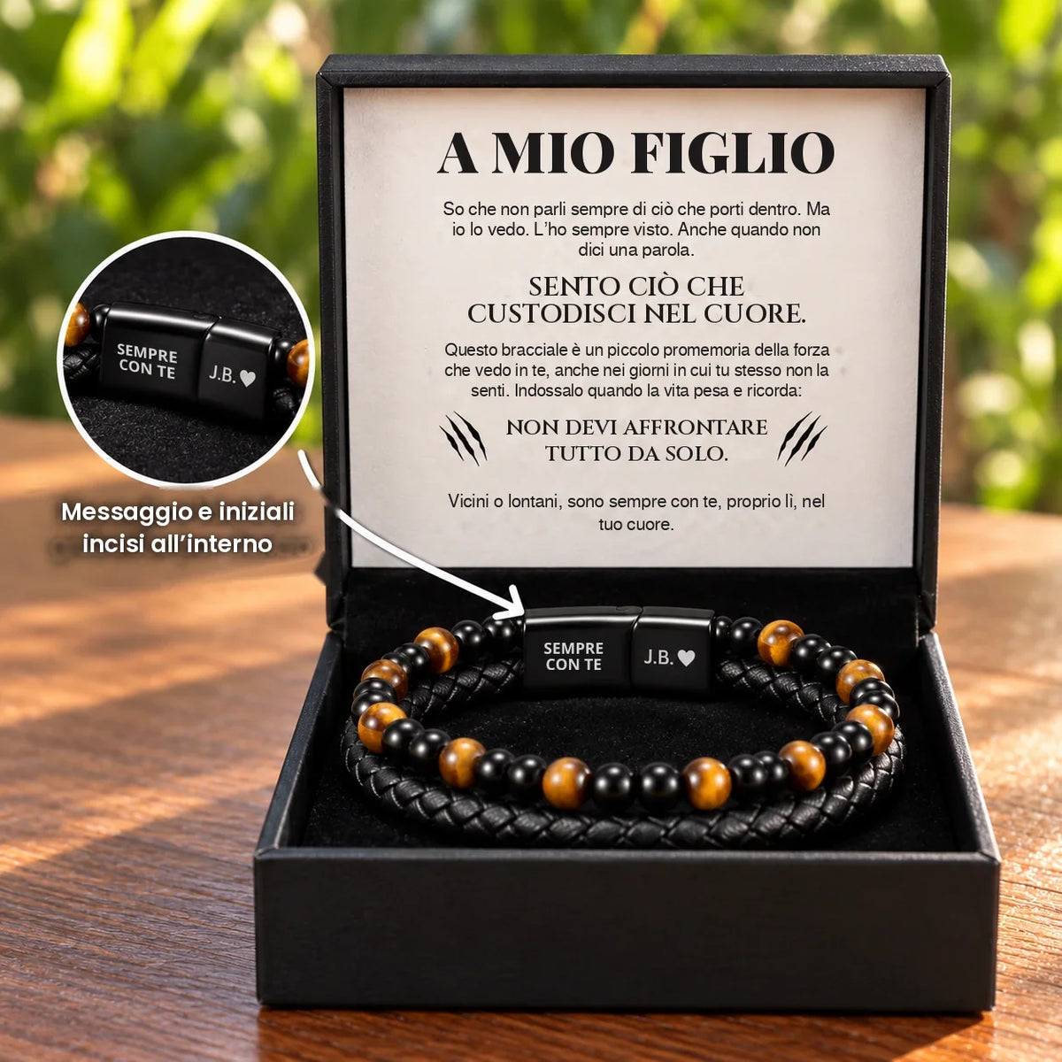 Bracciale occhio di tigre inciso per mio figlio in confezione regalo